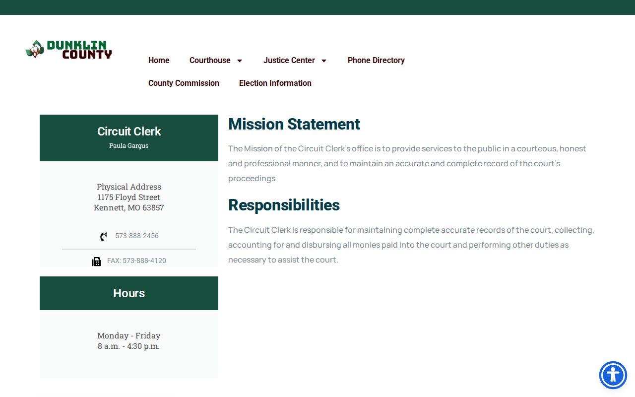 Dunklin County Circuit Clerk contact page for Clarkton