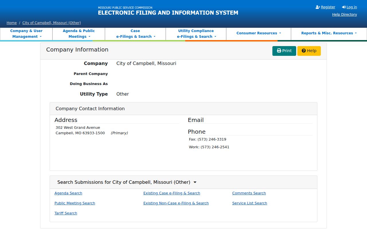 Official Campbell City Hall contact record
